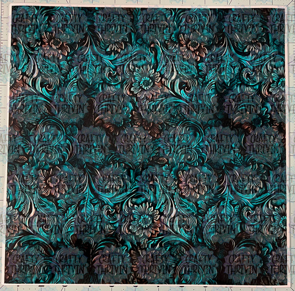 Turquoise Brown Scroll Floral Leather - 1122